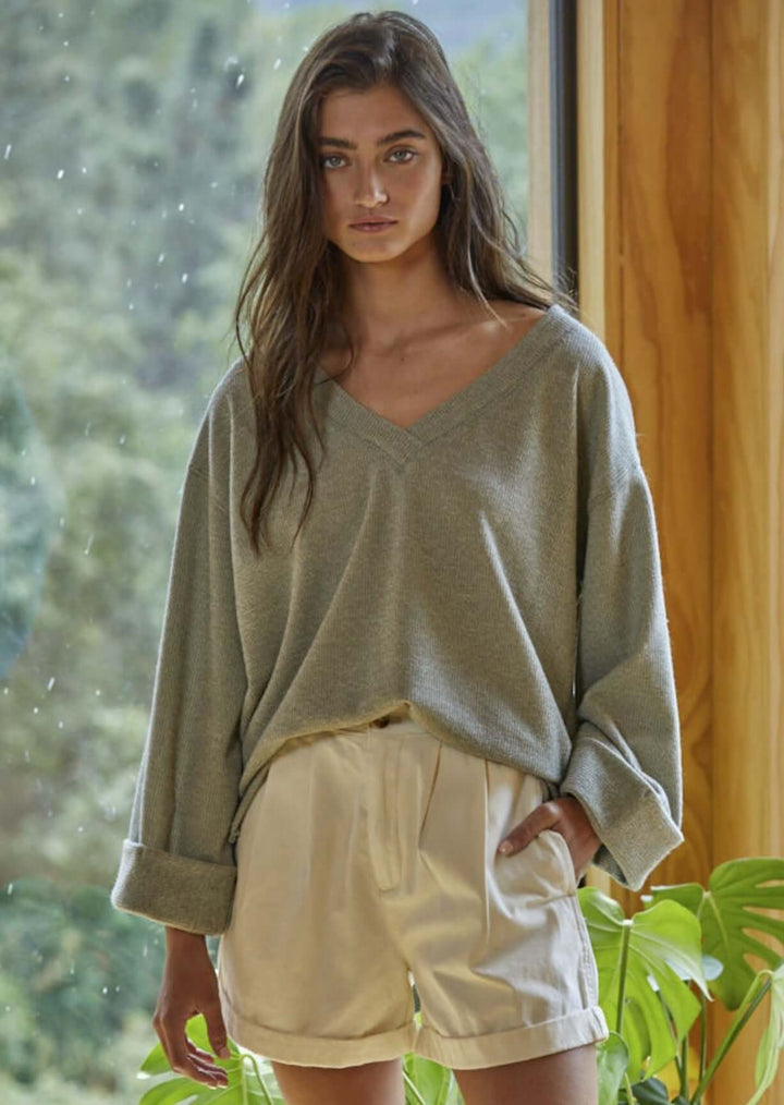 USA Made Ladies Super Soft Sage Ribbed Oversized V-Neck Top with Cuffed Long Sleeve | By Together Style