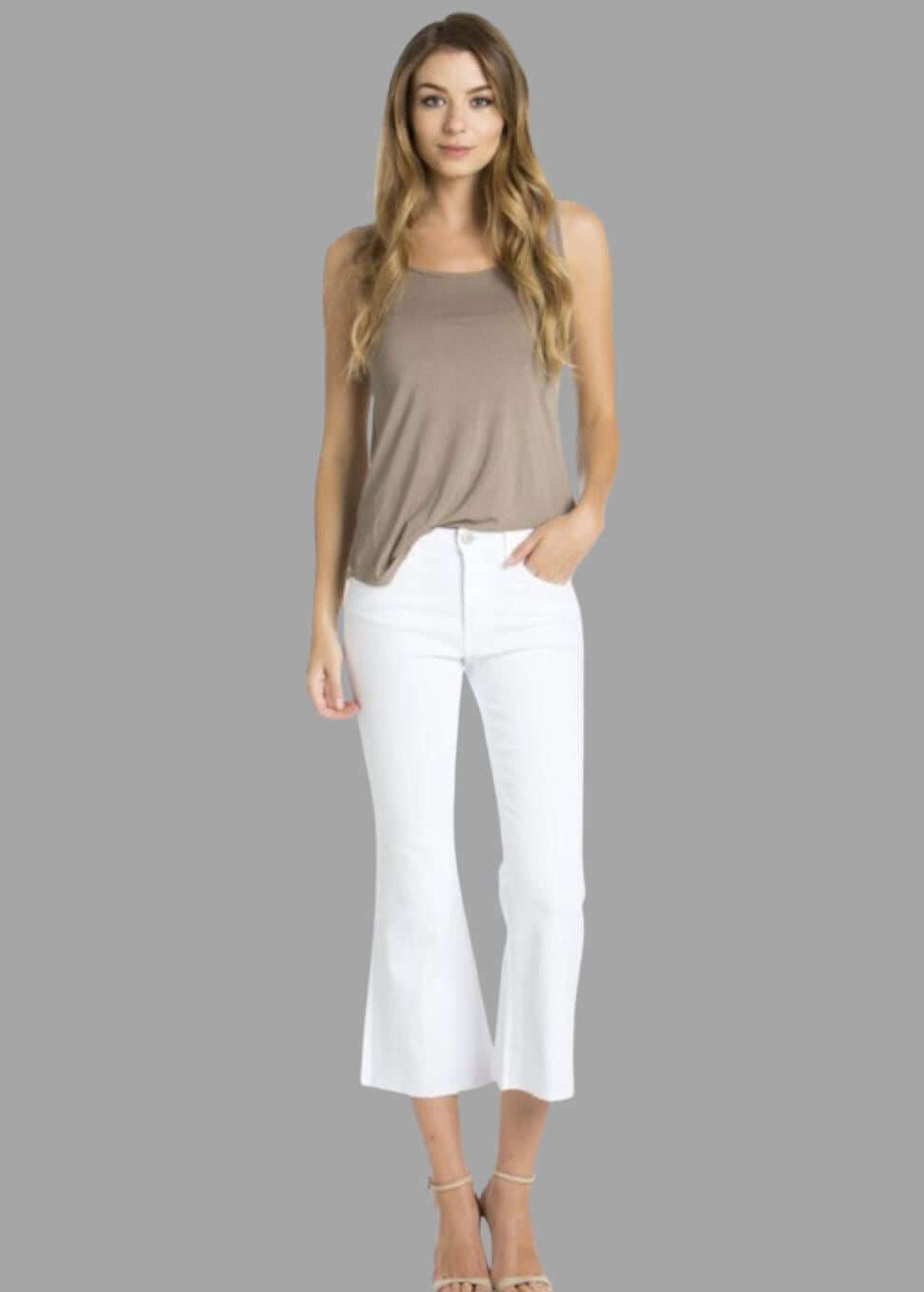 O2 Denim Ladies White Capri Denim Mid Rise Jeans with Raw Edge Hem Style
