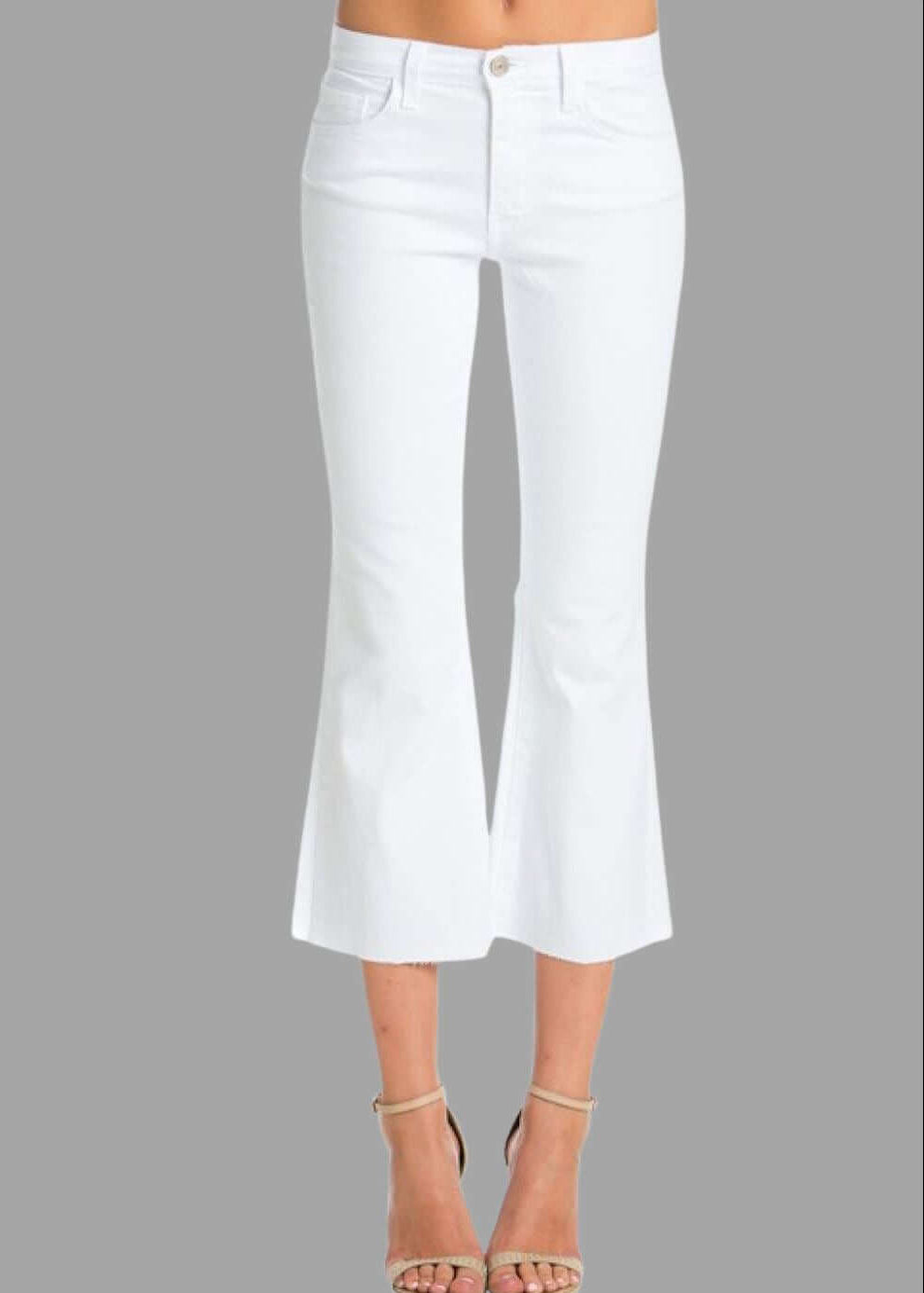 O2 Denim Ladies White Capri Denim Mid Rise Jeans with Raw Edge Hem Style