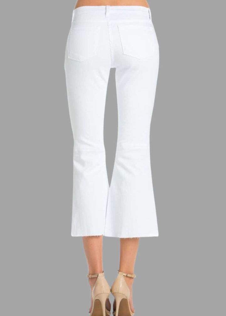 O2 Denim Ladies White Capri Denim Mid Rise Jeans with Raw Edge Hem Style