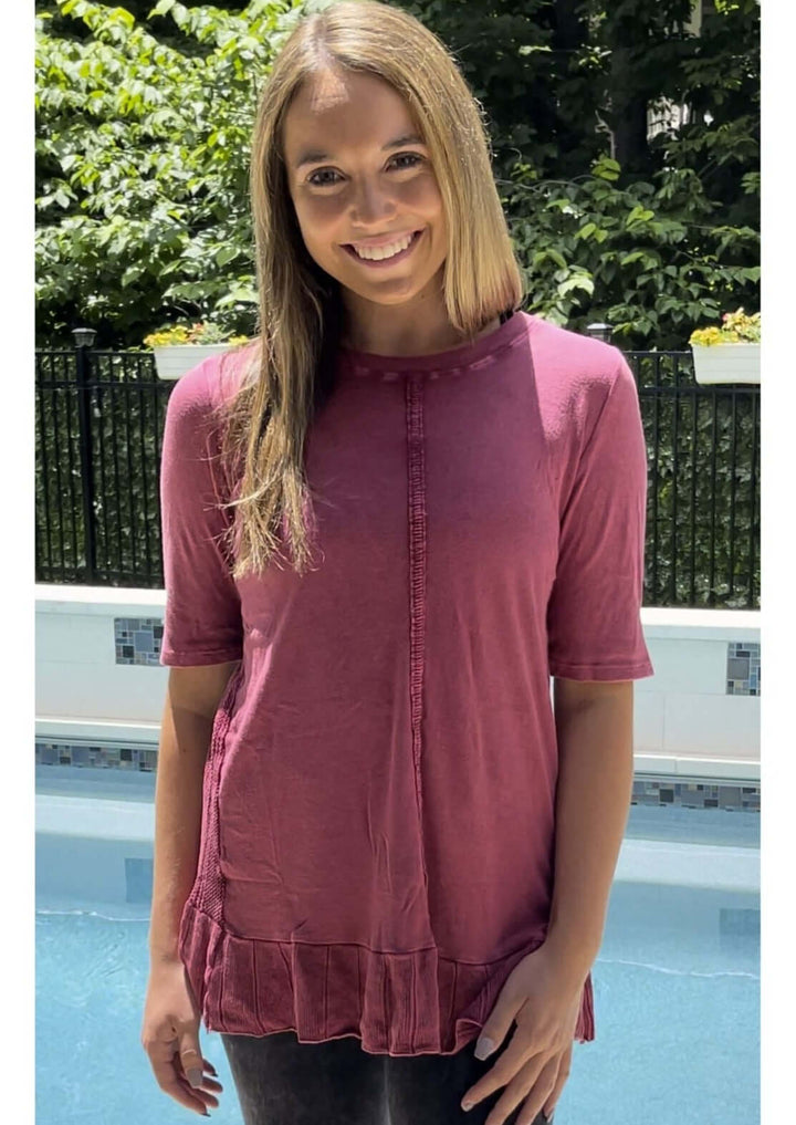 USA Made Feminine Flare Ladies Mineral Washed Tunic with Ruffle Hem &amp; Pointelle Knit Back made of 50% Cotton &amp; 50% Modal | Classy Cozy Cool Women&