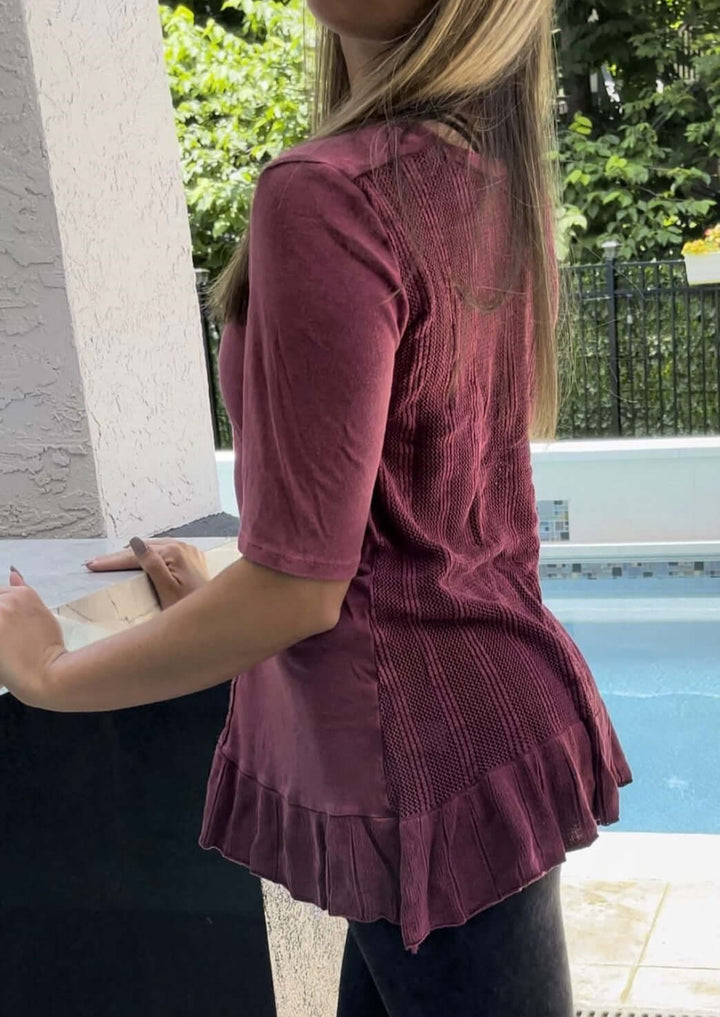 USA Made Feminine Flare Ladies Mineral Washed Tunic with Ruffle Hem &amp; Pointelle Knit Back made of 50% Cotton &amp; 50% Modal | Classy Cozy Cool Women&