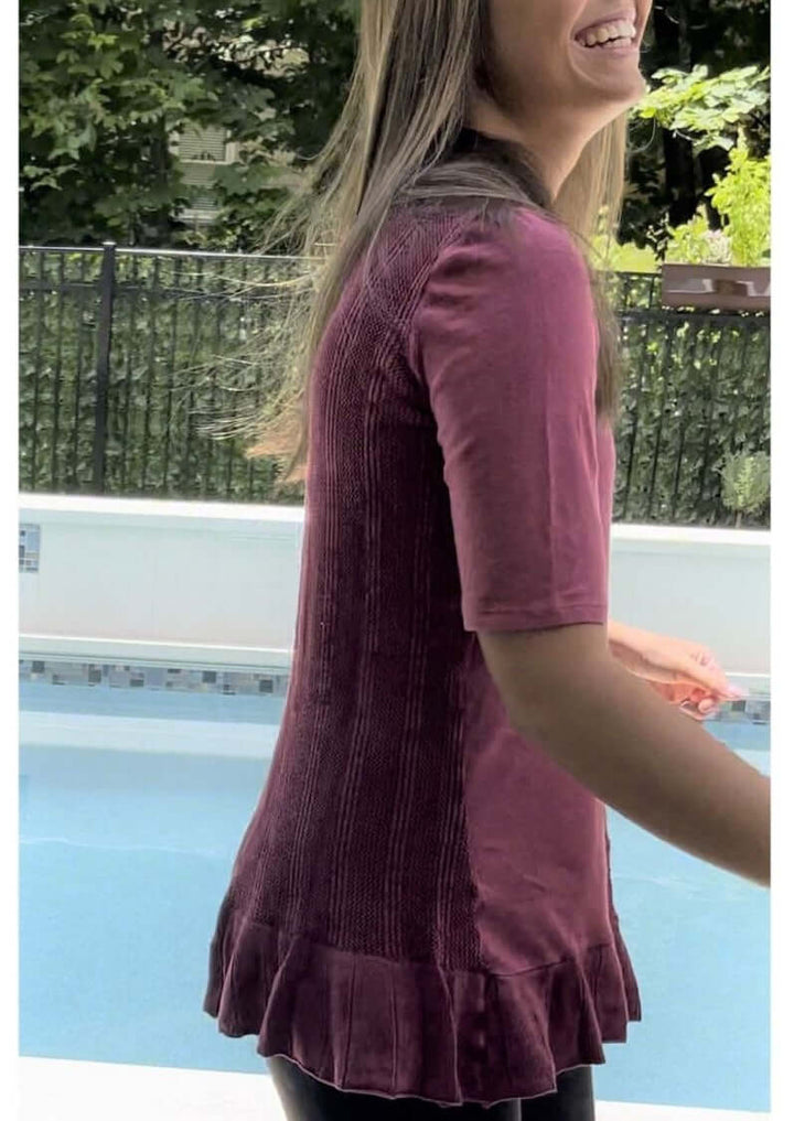 USA Made Feminine Flare Ladies Mineral Washed Tunic with Ruffle Hem &amp; Pointelle Knit Back made of 50% Cotton &amp; 50% Modal | Classy Cozy Cool Women&