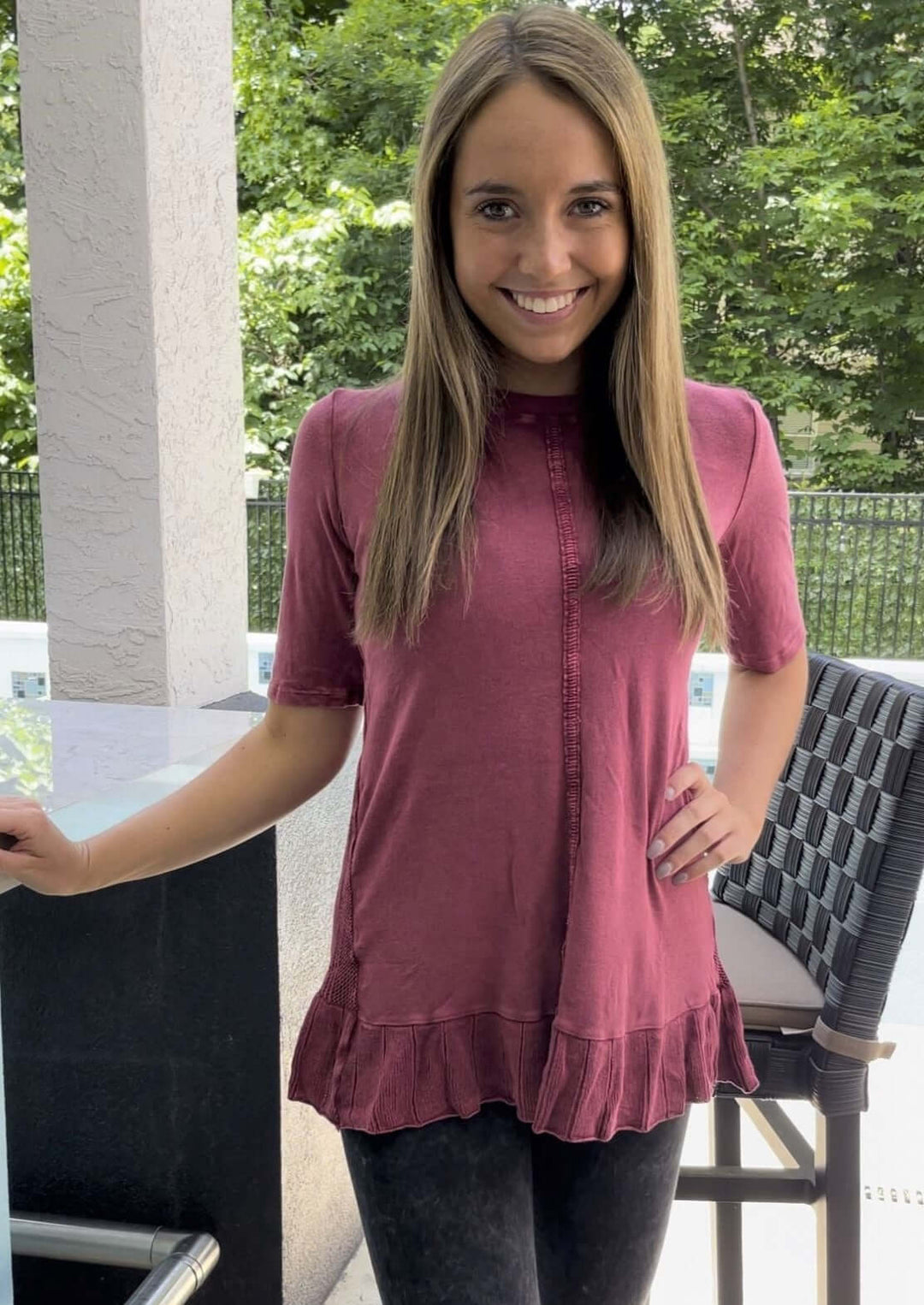 USA Made Feminine Flare Ladies Mineral Washed Tunic with Ruffle Hem &amp; Pointelle Knit Back made of 50% Cotton &amp; 50% Modal | Classy Cozy Cool Women&