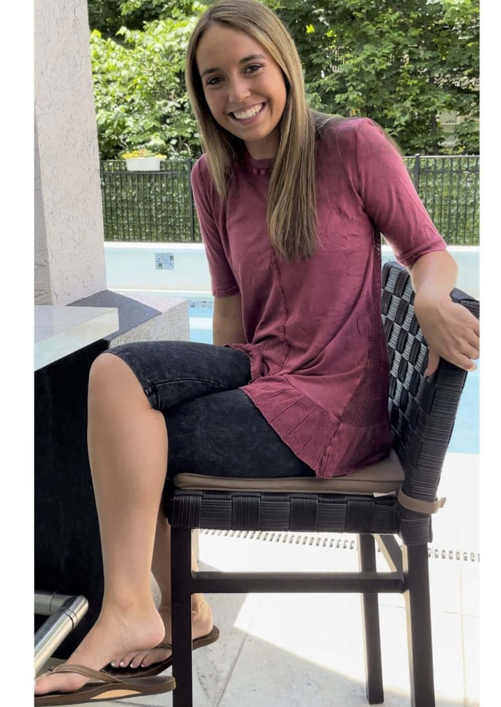 USA Made Feminine Flare Ladies Mineral Washed Tunic with Ruffle Hem &amp; Pointelle Knit Back made of 50% Cotton &amp; 50% Modal | Classy Cozy Cool Women&