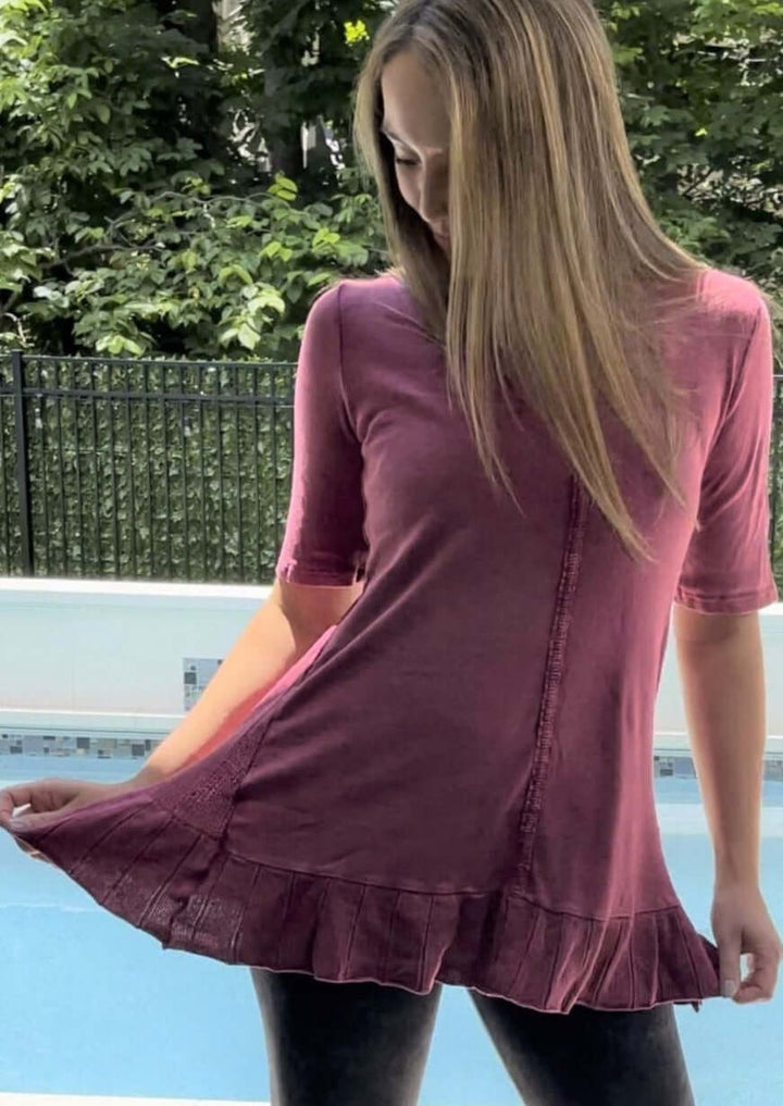 USA Made Feminine Flare Ladies Mineral Washed Tunic with Ruffle Hem &amp; Pointelle Knit Back made of 50% Cotton &amp; 50% Modal | Classy Cozy Cool Women&