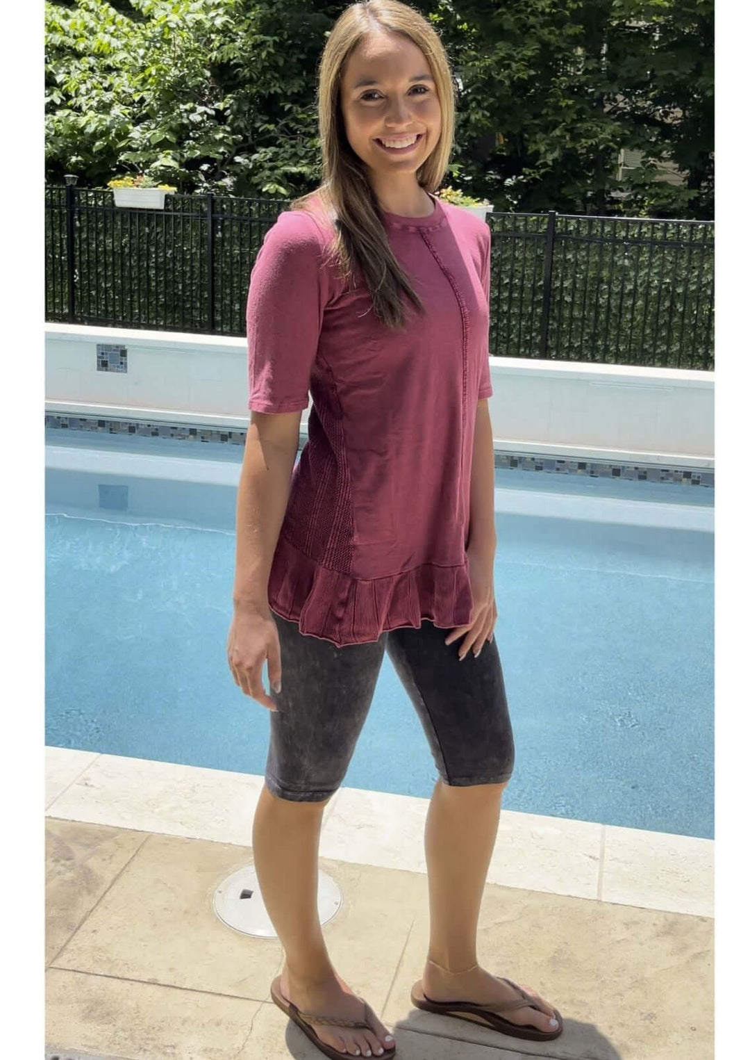 USA Made Feminine Flare Ladies Mineral Washed Tunic with Ruffle Hem &amp; Pointelle Knit Back made of 50% Cotton &amp; 50% Modal | Classy Cozy Cool Women&
