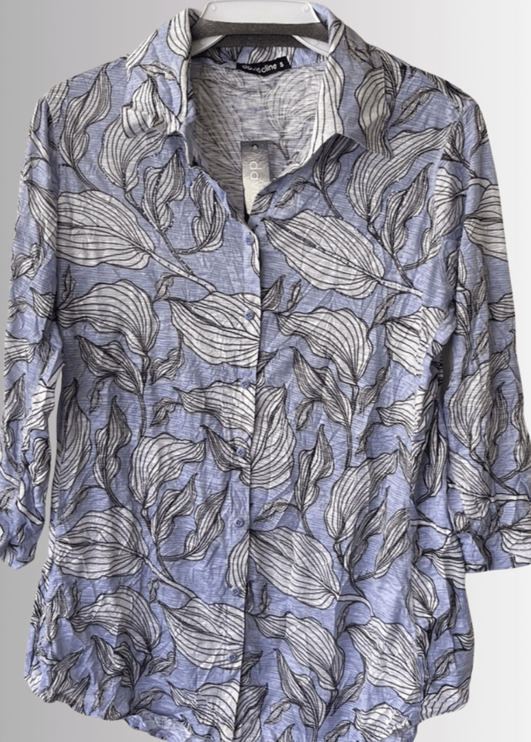 David Cline Blue Floral Rhinestone Embellished Snap Down Crushed Texture Collared Shirt | Made in USA | Women&