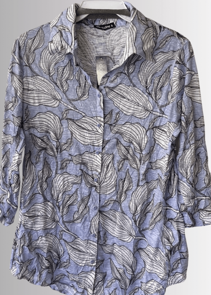 David Cline Blue Floral Rhinestone Embellished Snap Down Crushed Texture Collared Shirt | Made in USA | Women&