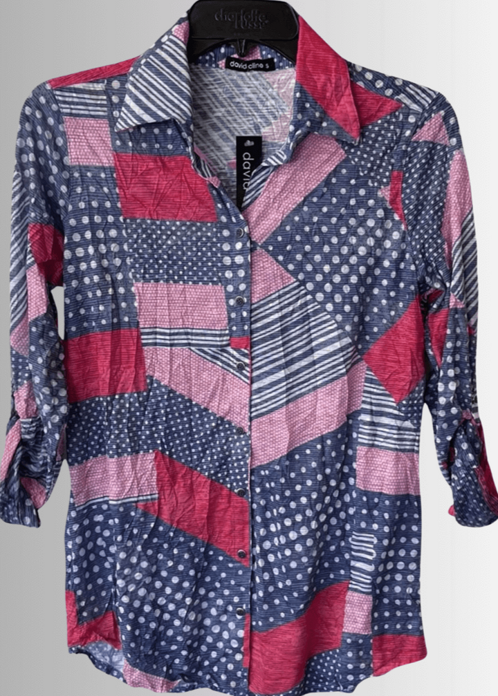 David Cline Patriotic Red, White &amp; Blue Snap Down Crushed Texture Collared Shirt | Made in USA | Classy Cozy Cool Women&