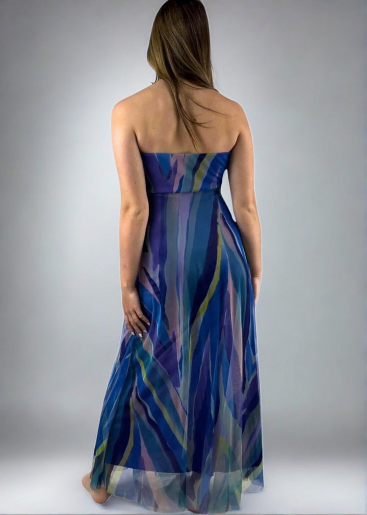 Made in USA Elana Kattan AQURELLE 817 Gorgeous Strapless Mesh Empire Waist Dress with print in watercolor shades | Perfect for Weddings, Evening Events, Prom, Formals, Resort Evening 