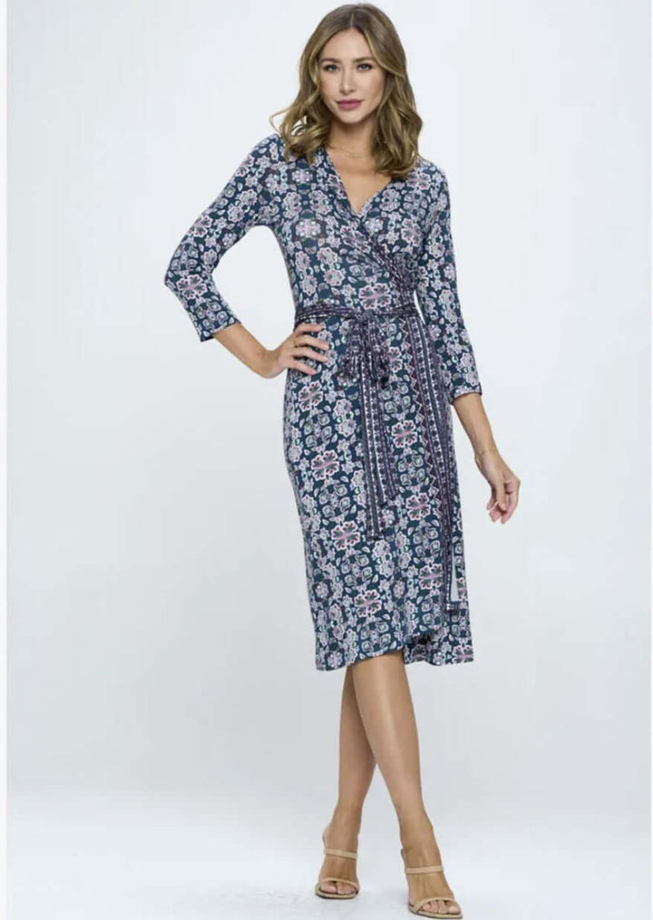 Beautiful Ladies Navy, Hunter Green &amp; Magenta Floral Print Jersey Midi Wrap Dress with 3/4 Sleeves | Renee C. Style 