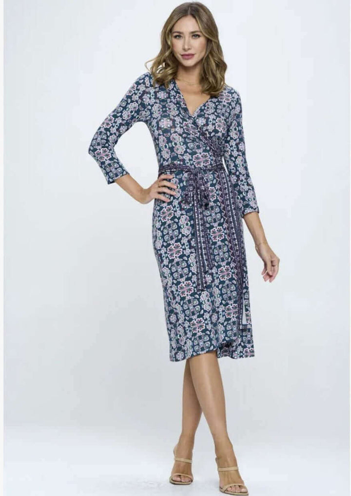 Beautiful Ladies Navy, Hunter Green &amp; Magenta Floral Print Jersey Midi Wrap Dress with 3/4 Sleeves | Renee C. Style 