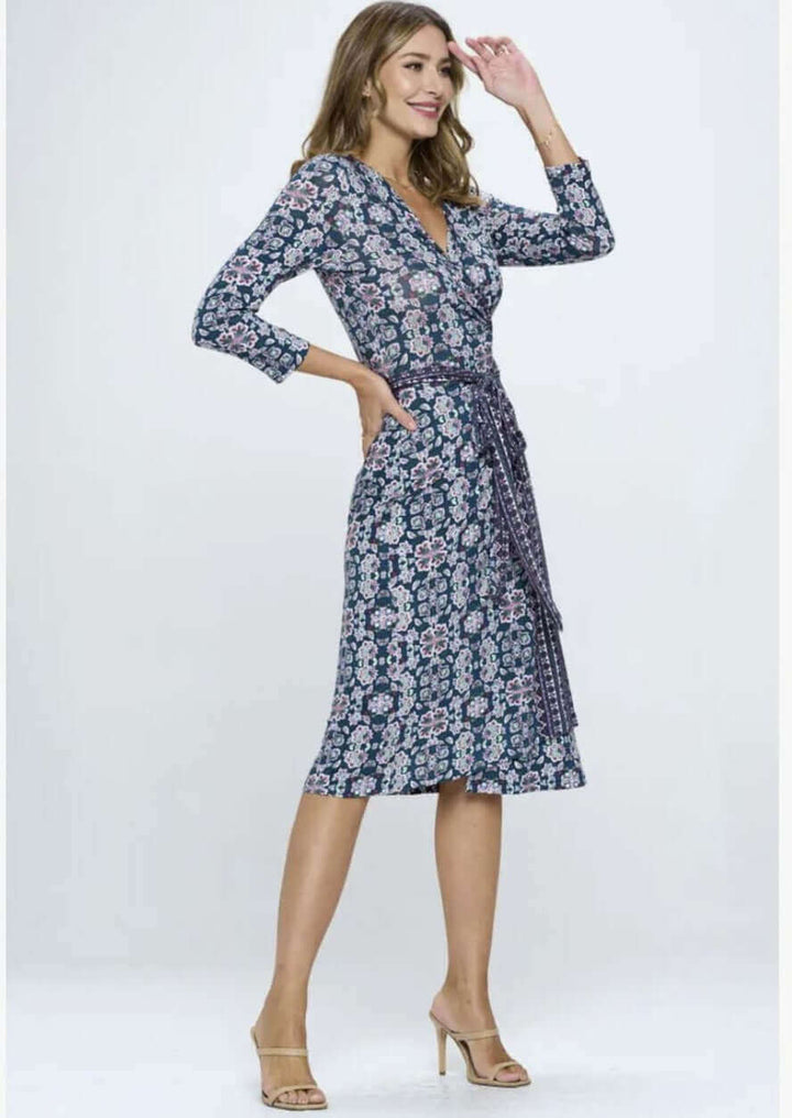 Beautiful Ladies Navy, Hunter Green &amp; Magenta Floral Print Jersey Midi Wrap Dress with 3/4 Sleeves | Renee C. Style 