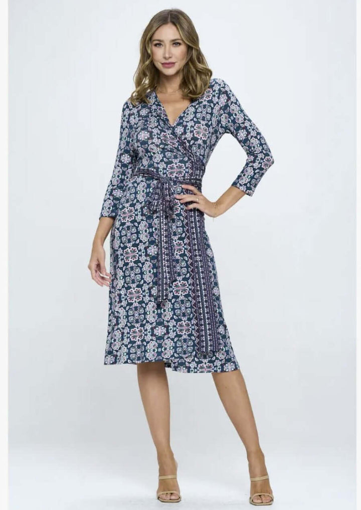 Beautiful Ladies Navy, Hunter Green &amp; Magenta Floral Print Jersey Midi Wrap Dress with 3/4 Sleeves | Renee C. Style 