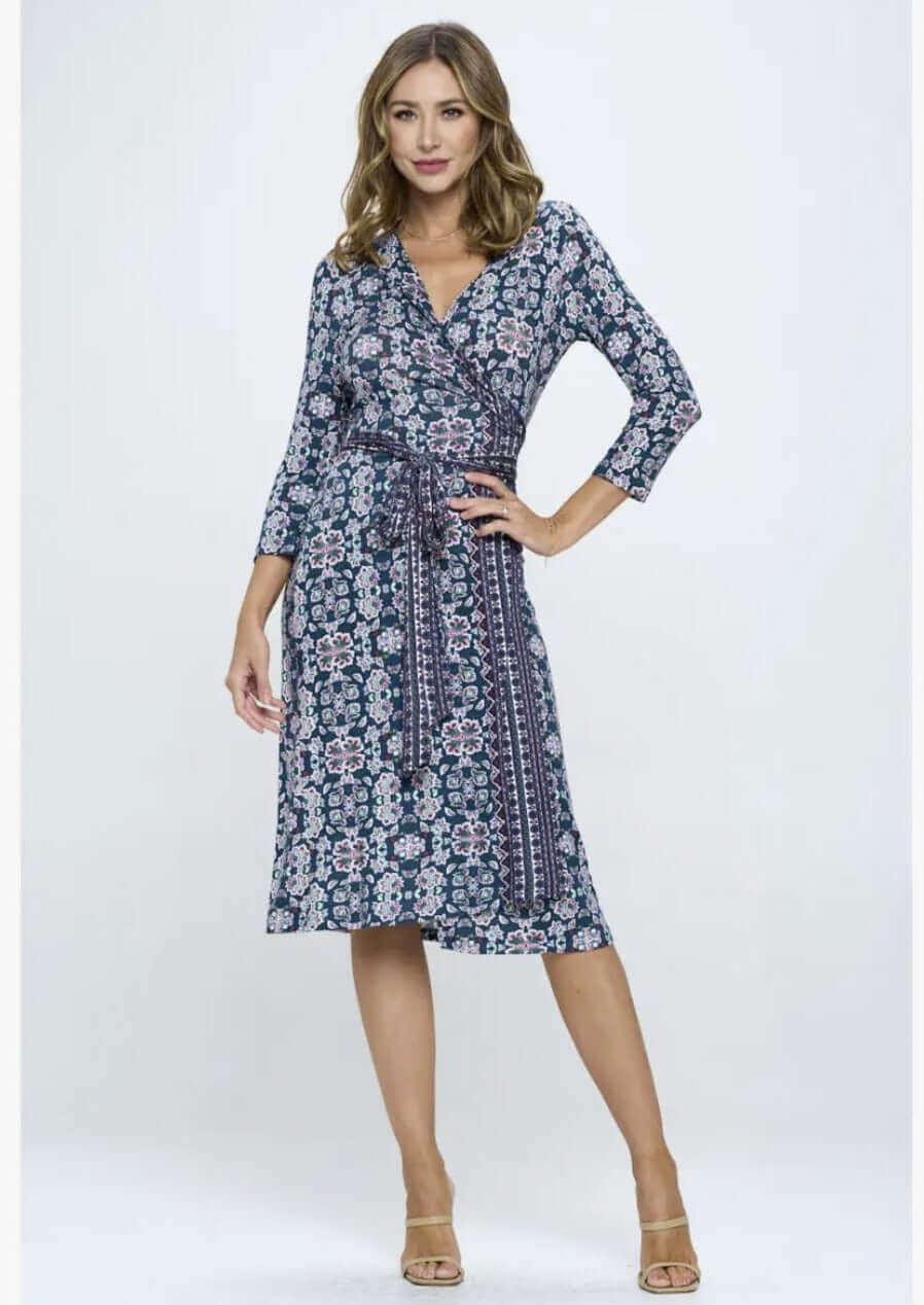 Beautiful Ladies Navy, Hunter Green &amp; Magenta Floral Print Jersey Midi Wrap Dress with 3/4 Sleeves | Renee C. Style 