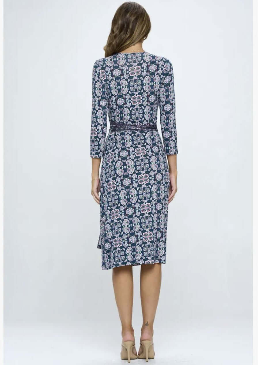 Beautiful Ladies Navy, Hunter Green &amp; Magenta Floral Print Jersey Midi Wrap Dress with 3/4 Sleeves | Renee C. Style 