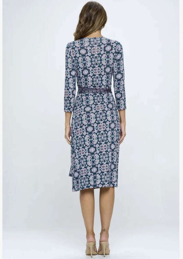 Beautiful Ladies Navy, Hunter Green &amp; Magenta Floral Print Jersey Midi Wrap Dress with 3/4 Sleeves | Renee C. Style 