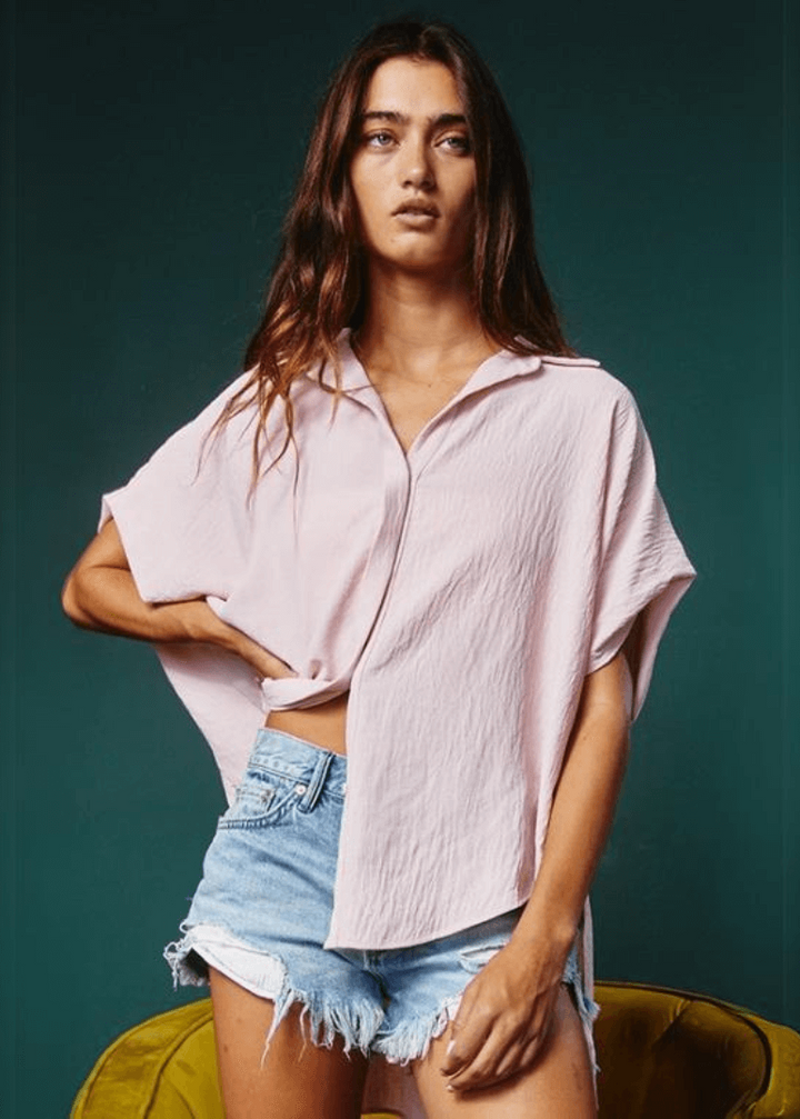 Bucket List Style T1702 Ladies Button Down Hidden Placket High Low Top in Blush Pink | Made in USA |  Classy Cozy Cool Made in America Boutique