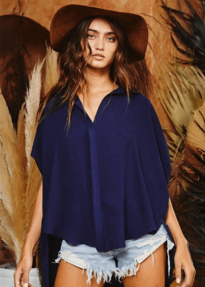 Bucket List Style T1702 Ladies Button Down Hidden Placket High Low Top in Navy | Made in USA |  Classy Cozy Cool Made in America Boutique