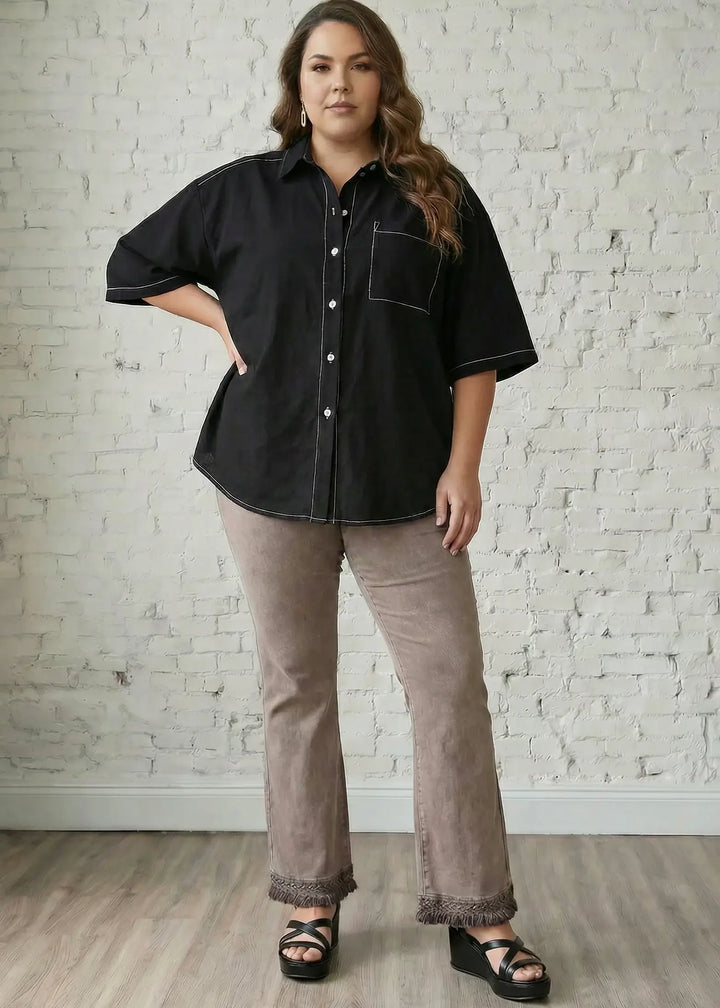 Mineral Washed Crochet Fringe Hem Pants in Plus Size (Desert Taupe)