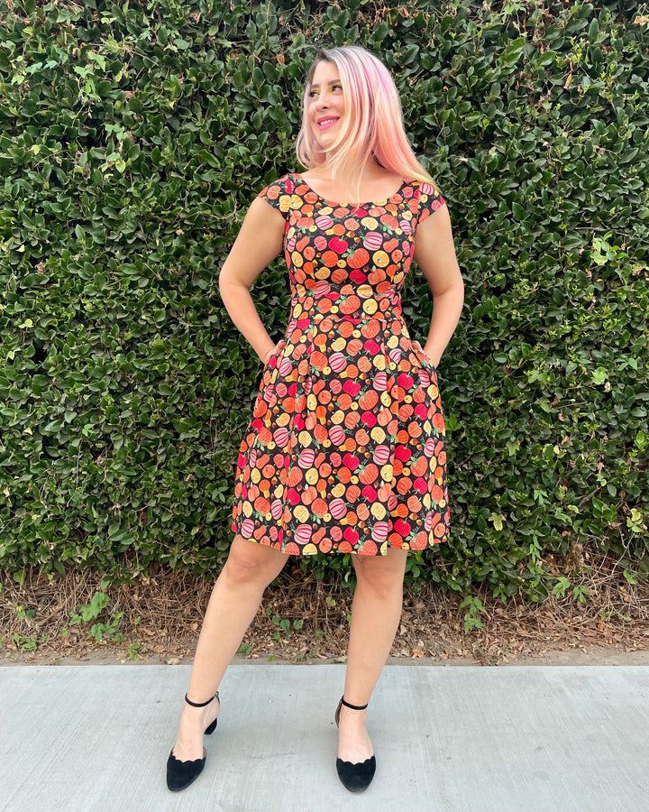 Made in USA. Shop the Gourdgeous Margaret cotton dress by Retrolicious, with cap sleeves, inverted pleats, an A-line skirt and pockets. Size up. So cute for Fall.