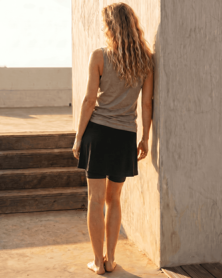 Scottsdale Skort — a high-waist skort with built-in biker shorts, hidden pocket, and 95% organic cotton. Grown, milled &amp; sewn in the USA.  Made by Jenny J USA