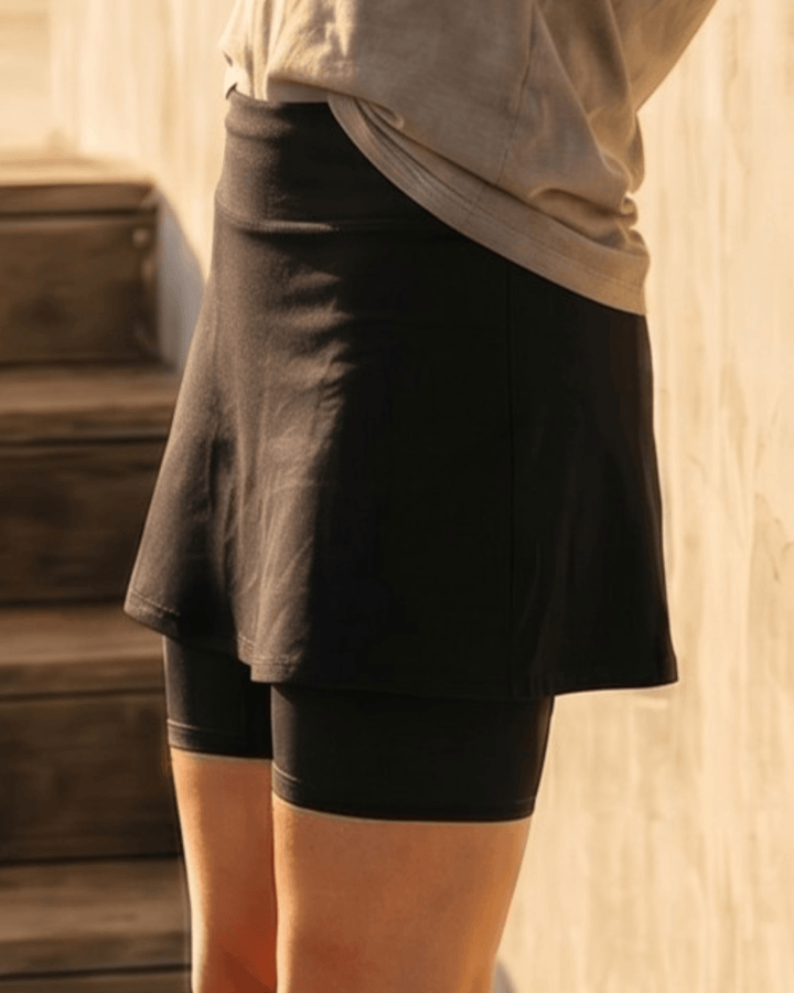 Scottsdale Skort — a high-waist skort with built-in biker shorts, hidden pocket, and 95% organic cotton. Grown, milled &amp; sewn in the USA.  Made by Jenny J USA