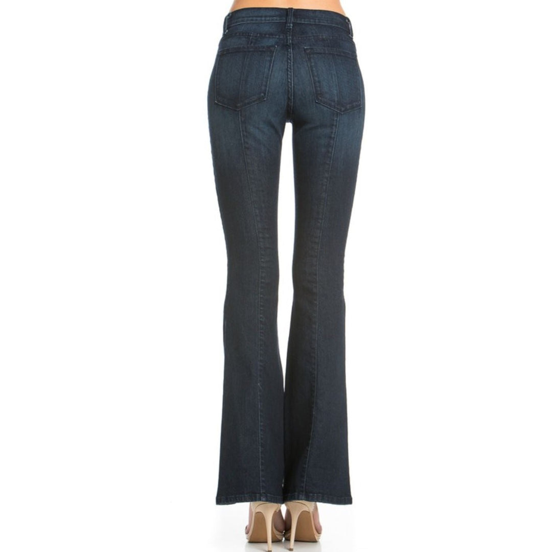 Denim Jeans Made in USA | Rumor Has It Front Seam Flared Denim Jeans Dark Wash | O2 Denim Style PF3023 | Made in the USA | Classy Cozy Cool Women’s Clothing Boutique