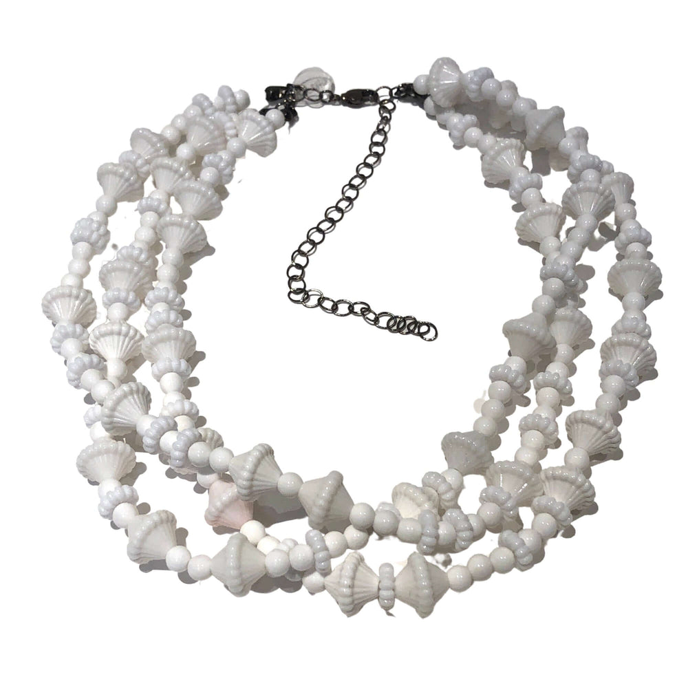 3-strand opaque white 1960s Lucite beaded necklace, hand-finished in the USA. Sustainable vintage deadstock. 15.5-16" + 6" extender.