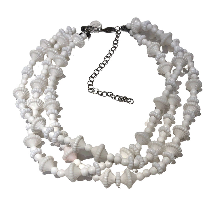 3-strand opaque white 1960s Lucite beaded necklace, hand-finished in the USA. Sustainable vintage deadstock. 15.5-16" + 6" extender.