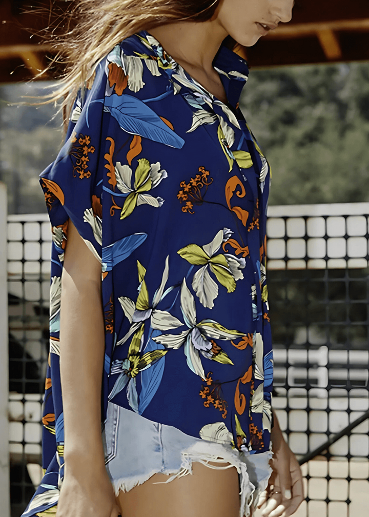 Bucket List Style T1702 Ladies Button Down Hidden Placket High Low Top in Navy Blue Tropical Print | Made in USA | Women&