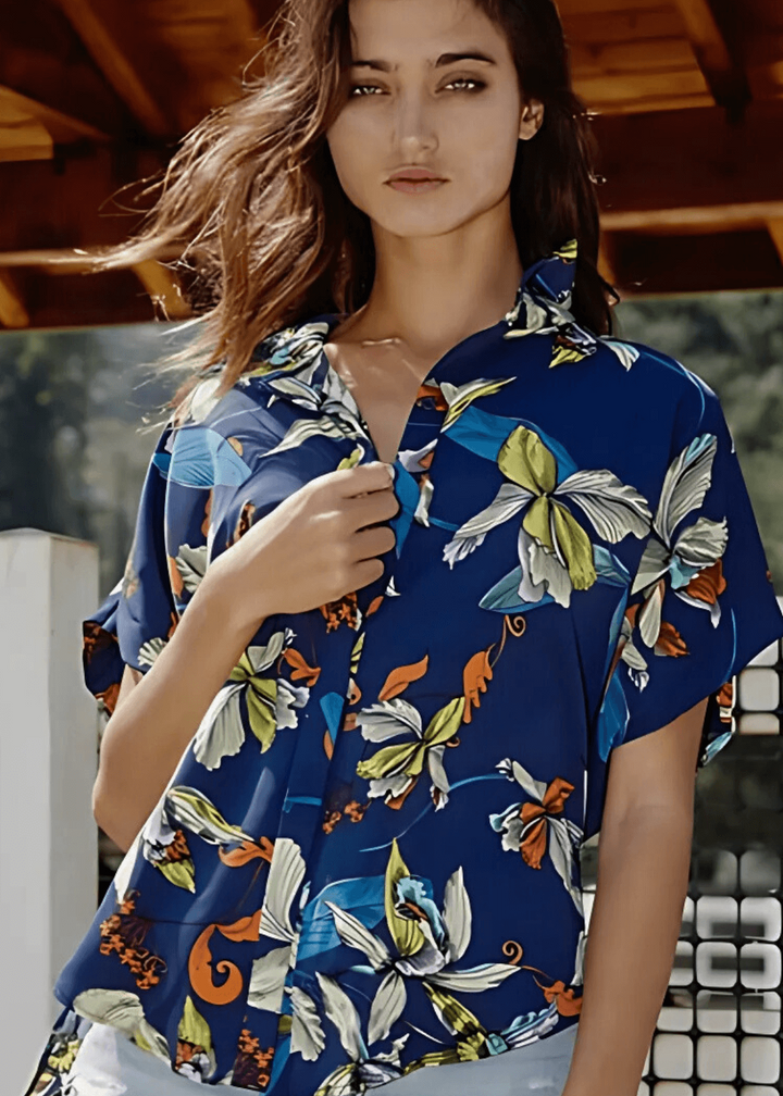 Bucket List Style T1702 Ladies Button Down Hidden Placket High Low Top in Navy Blue Tropical Print | Made in USA | Women&