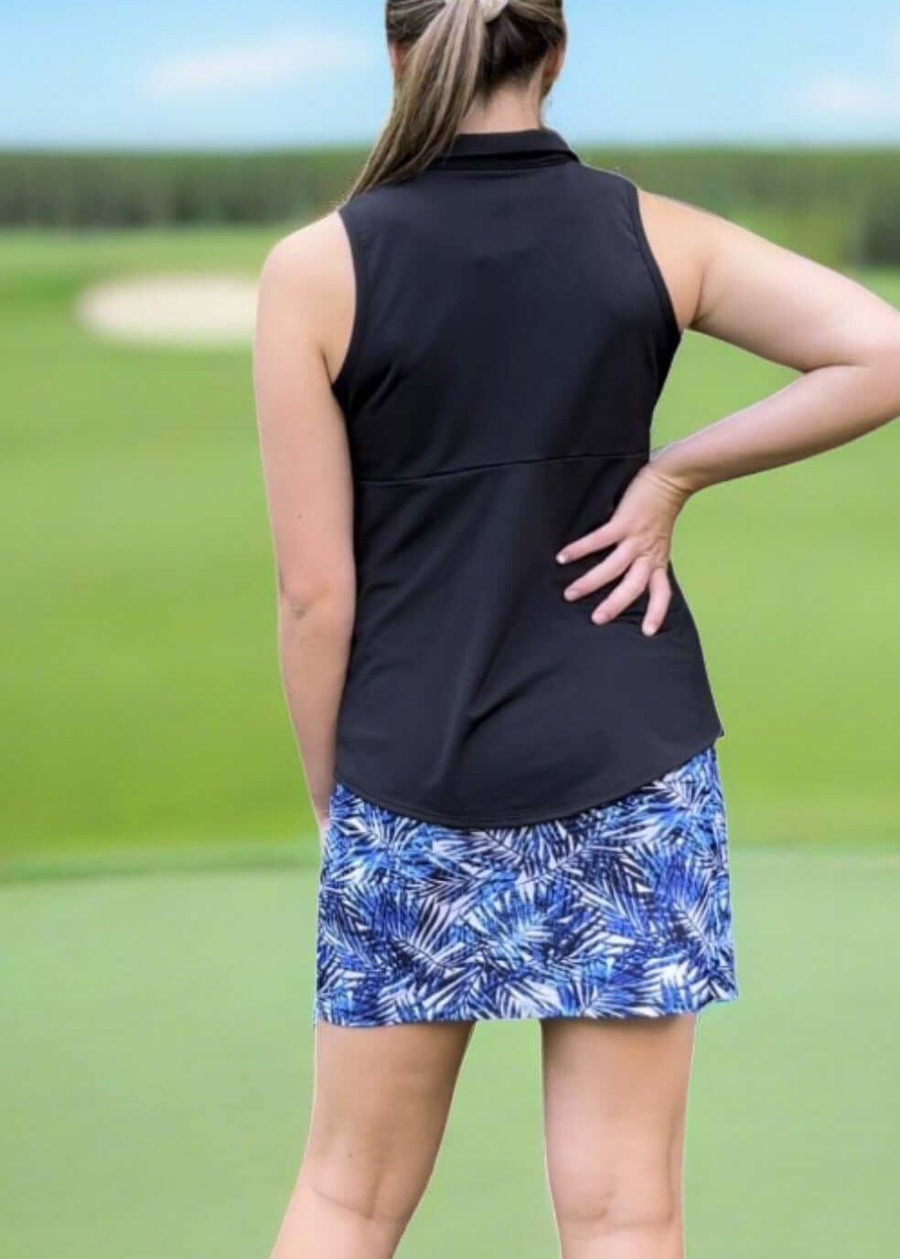 Ladies Active Wear Fairway Skort in Navy Palm Print by Southwind Apparel | Made in USA | For Golf, Tennis, Pickleball, Lunch, Vacation Wear for Spring & Summer | Classy Cozy Cool Women's Made in America Boutique