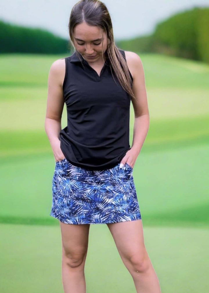 Ladies Active Wear Fairway Skort in Navy Palm Print by Southwind Apparel | Made in USA | For Golf, Tennis, Pickleball, Lunch, Vacation Wear for Spring &amp; Summer | Classy Cozy Cool Women&