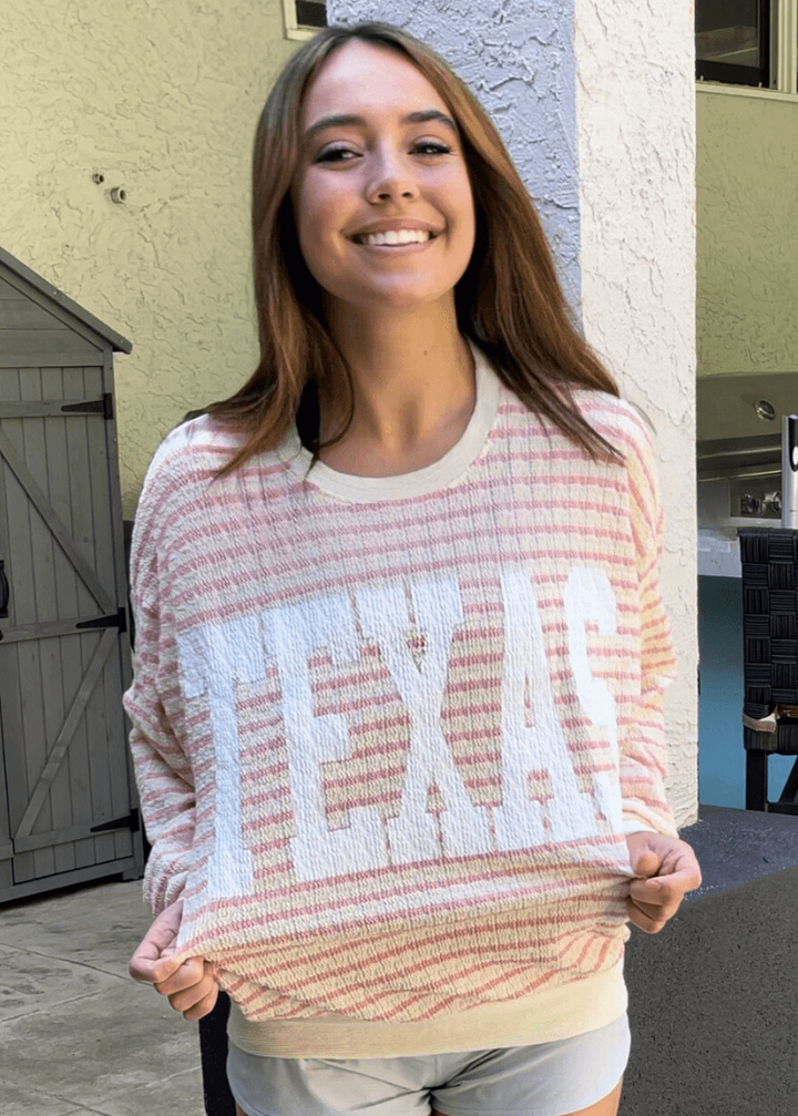 Made in USA Textured "TEXAS" Graphic Oversized Game Day Textured Sweatshirt with Crew Neck and Long Sleeves in Pink and Cream Stripes | Bucket List Style T1770