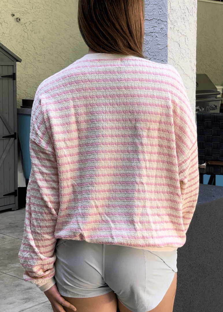 Made in USA Textured "TEXAS" Graphic Oversized Game Day Textured Sweatshirt with Crew Neck and Long Sleeves in Pink and Cream Stripes | Bucket List Style T1770