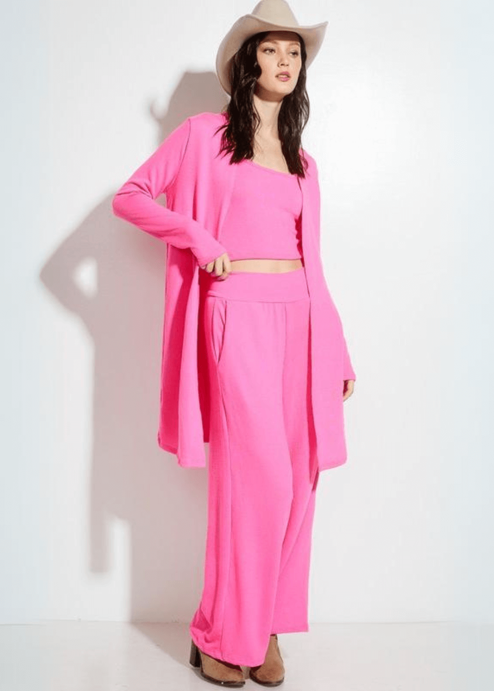 USA Made Women's Cozy Loungewear Fuchsia Pink Soft Ribbed 3 Piece Lounge Set Cardigan, Tank Top & Pants | Classy Cozy Cool Women's Made in America Boutique