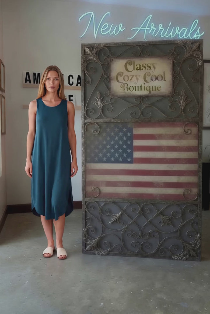 Shop the Sammie Sleeveless Maxi Dress in teal. Relaxed fit, scoop neck, side pockets &amp; slits. 95% Rayon, 5% Spandex. Made in USA. Free shipping may apply.