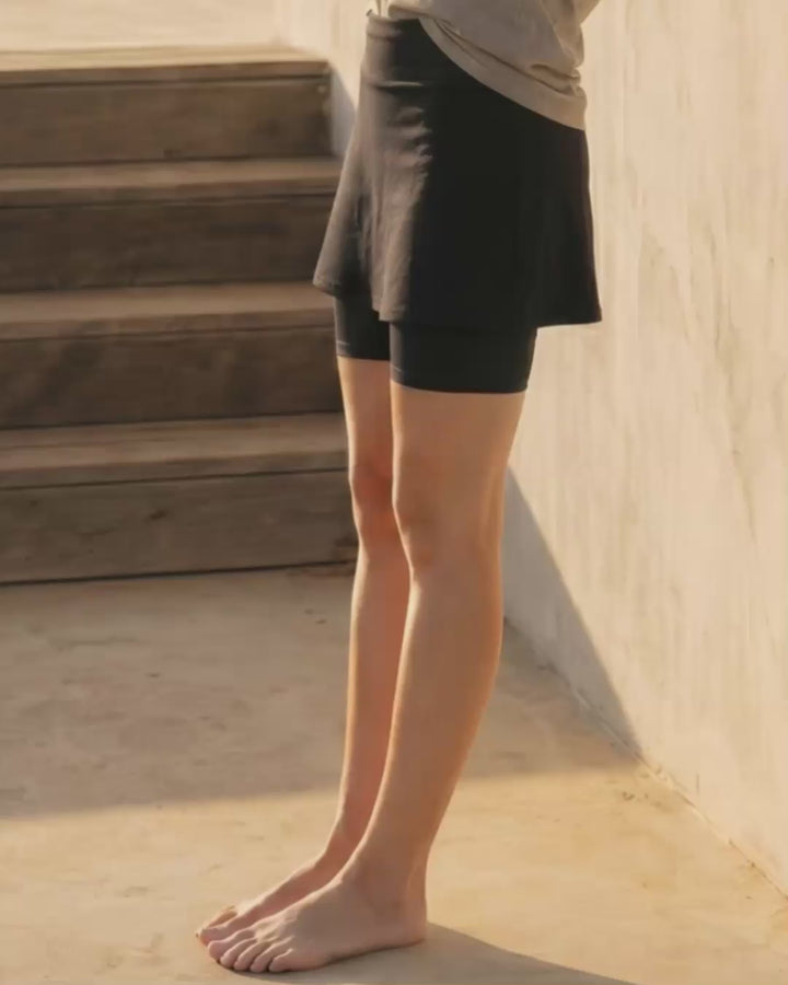 Scottsdale Skort — a high-waist skort with built-in biker shorts, hidden pocket, and 95% organic cotton. Grown, milled &amp; sewn in the USA.  Made by Jenny J USA