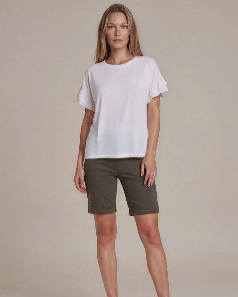 Shop the Ruffle Sleeve T-Shirt in white. Oversized fit, double flutter sleeves, crew neck. 95% Cotton, 5% Spandex. S–L. Made in USA. Free shipping may apply.