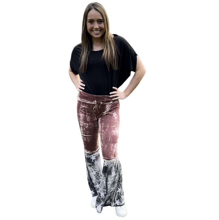 T-Party Ladies Distressed Cotton American Flag Boot Cut Patriotic 4th of July Fold Over Waist Flare Leg Pants | Made in USA | Classy Cozy Cool Women&