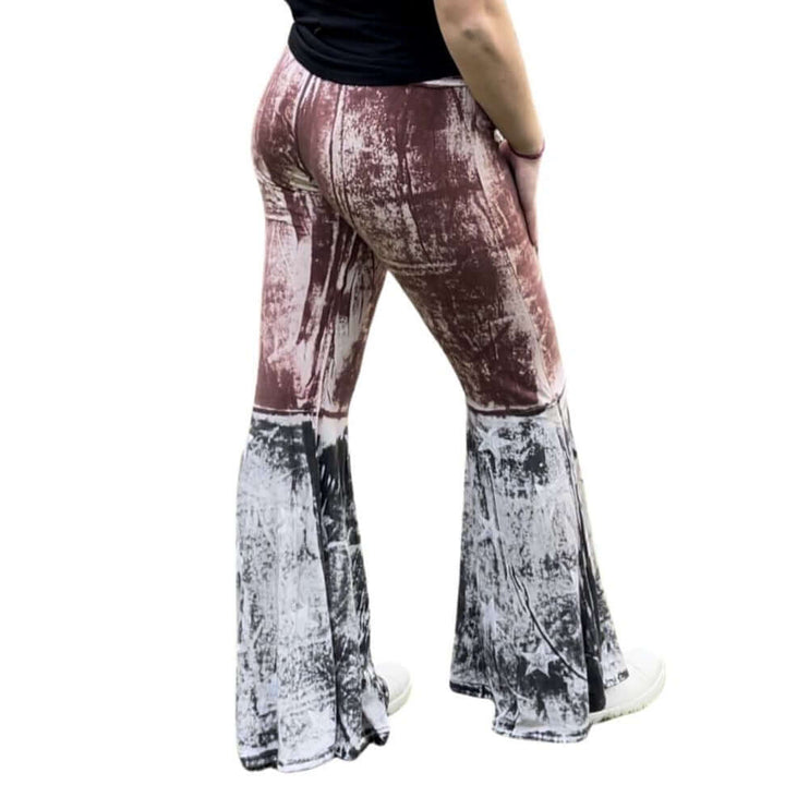 T-Party Ladies Distressed Cotton American Flag Boot Cut Patriotic 4th of July Fold Over Waist Flare Leg Pants | Made in USA | Classy Cozy Cool Women&