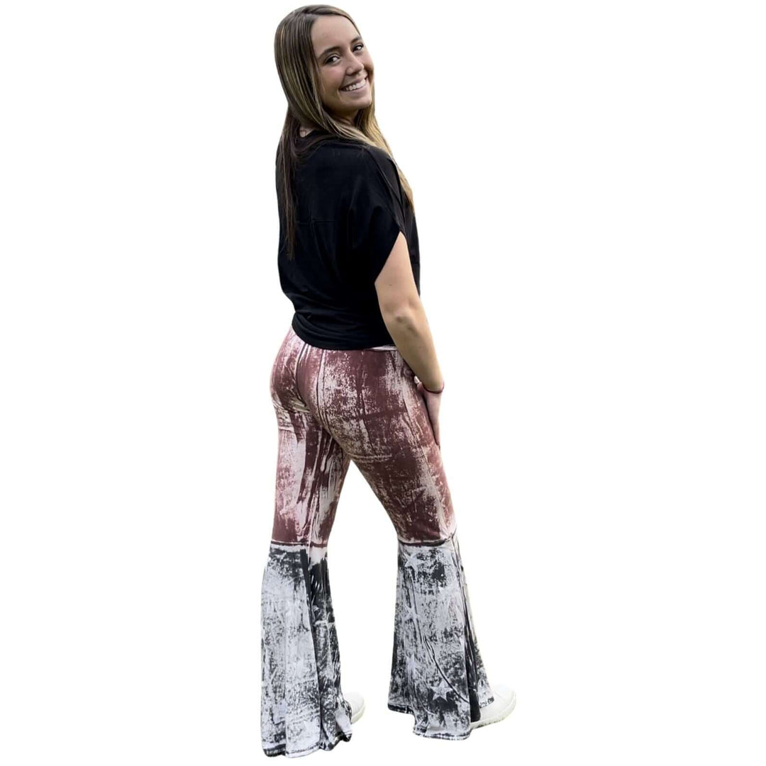 T-Party Ladies Distressed Cotton American Flag Boot Cut Patriotic 4th of July Fold Over Waist Flare Leg Pants | Made in USA | Classy Cozy Cool Women&