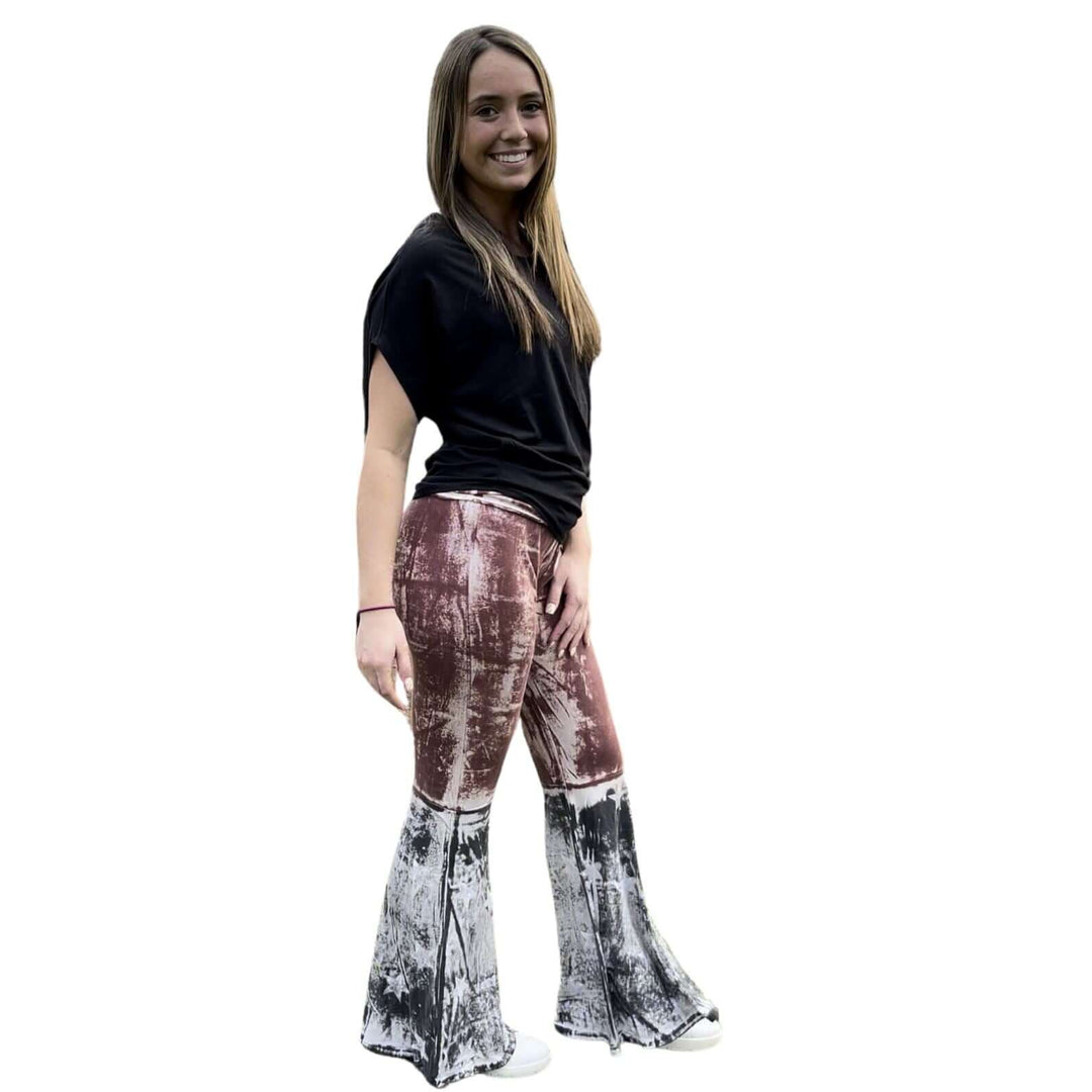 T-Party Ladies Distressed Cotton American Flag Boot Cut Patriotic 4th of July Fold Over Waist Flare Leg Pants | Made in USA | Classy Cozy Cool Women&