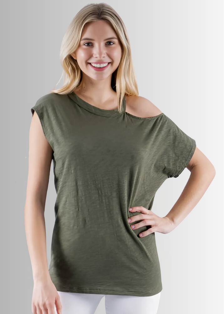 Made in USA Women's Cotton Mixed Emotions Asymmetrical T-Shirt | Half Muscle Tee and Half Cold Shoulder Tee in Olive | Renee C Style 3982TP | Classy Cozy Cool Made in America Boutique