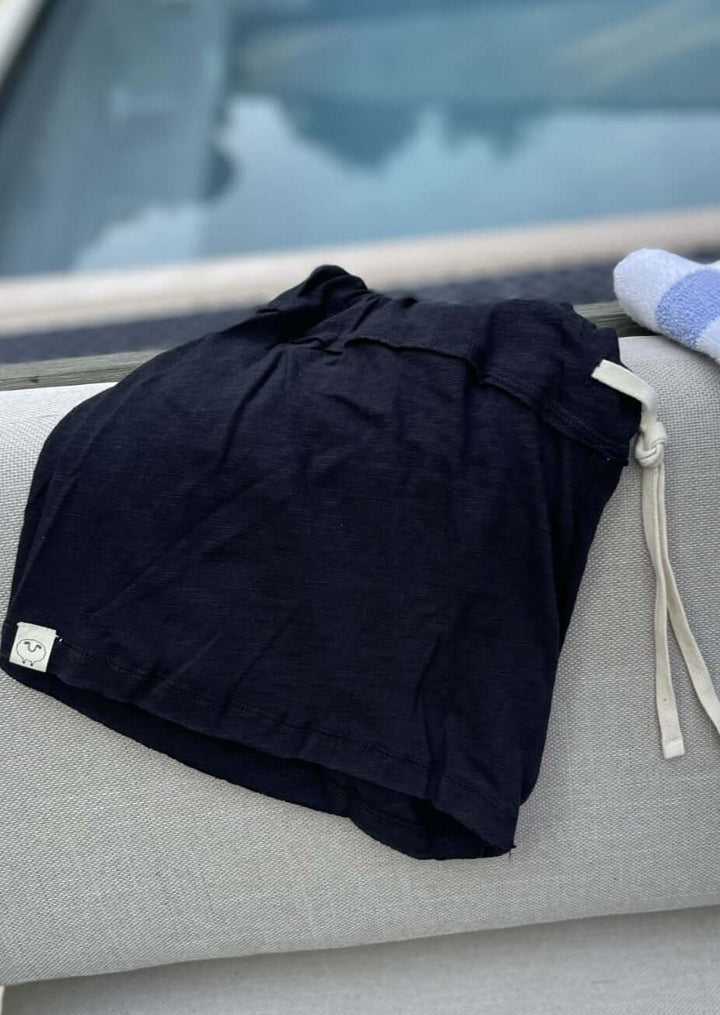 Sleepaholik Ladies Truly Trudy Shaker Shorts in Black Vintage Washed Cotton with Drawstring Waist | Made in USA | Classy Cozy Cool Women&