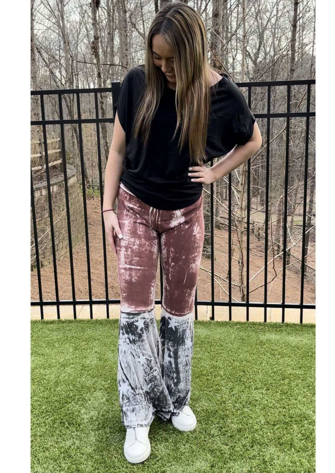 T-Party Ladies Distressed Cotton American Flag Boot Cut Patriotic 4th of July Fold Over Waist Flare Leg Pants | Made in USA | Classy Cozy Cool Women&