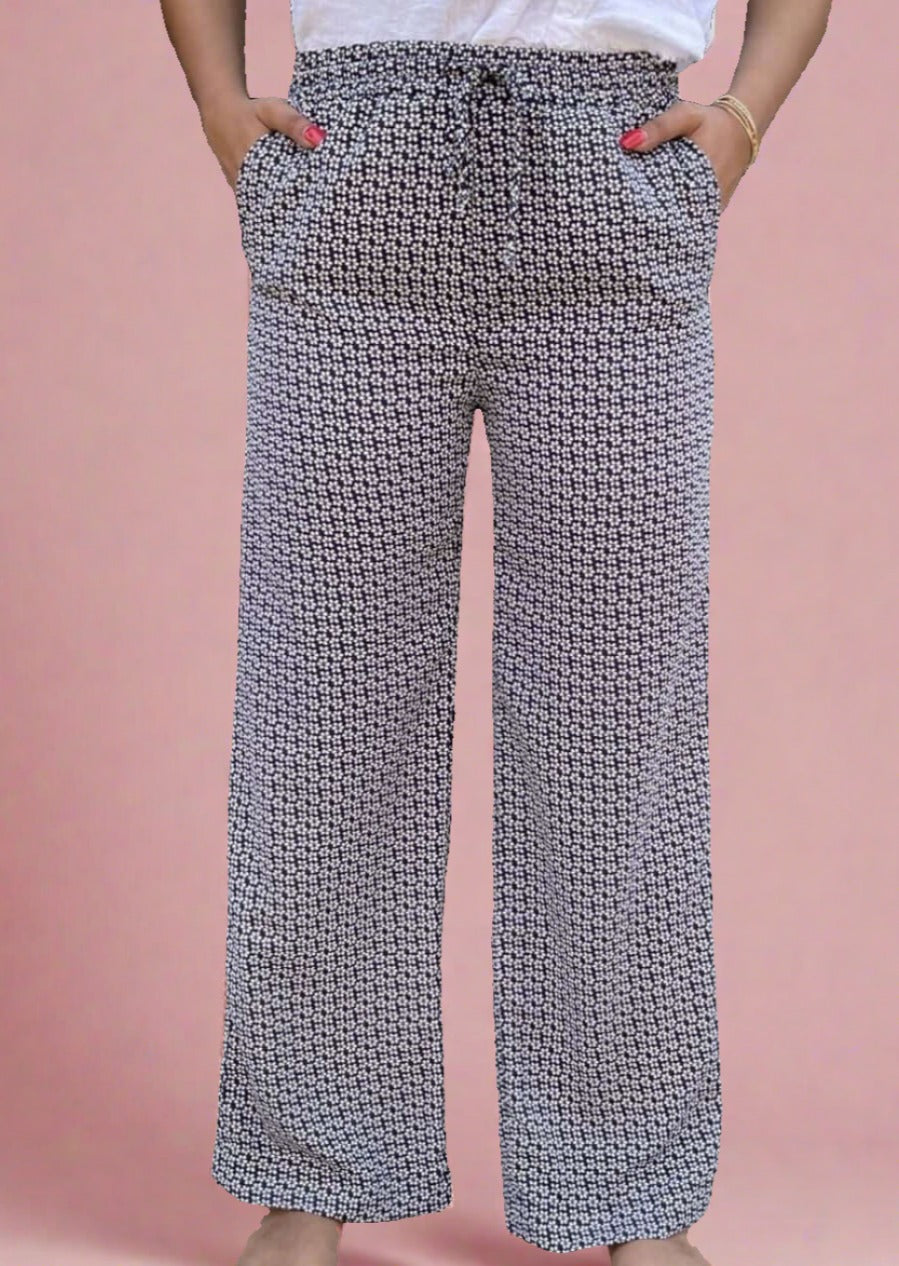If She Loves Ladies Vintage Flower Pattern Relaxed Fit Pull-On Style Pants with Elastic Waist in Navy &amp; White | Made in USA | Women&