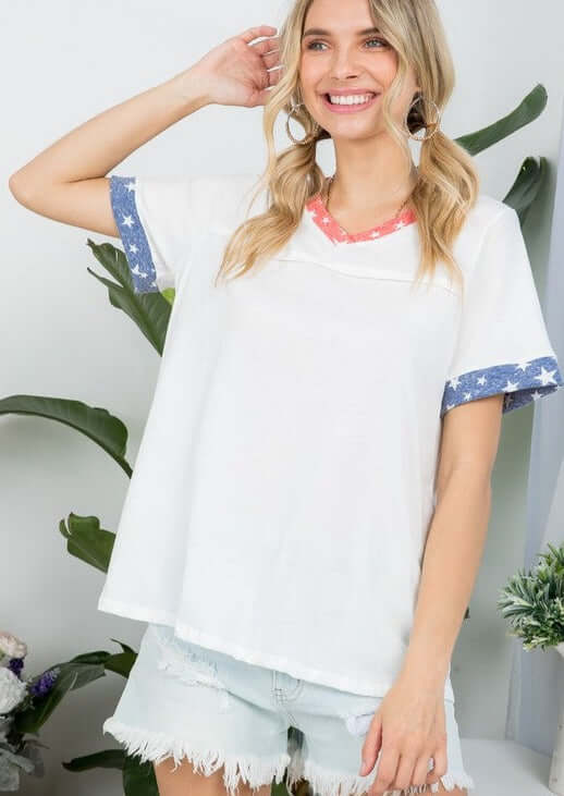 Made in USA Ladies Patriotic White V-Neck Stars Detail Essential Tee for 4th of July | Classy Cozy Cool Women&